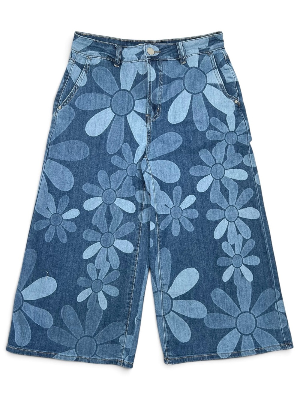 Charlie B Blue Floral Capri Wide Leg Palazzo Jeans Printed Denim Size 4 Like New